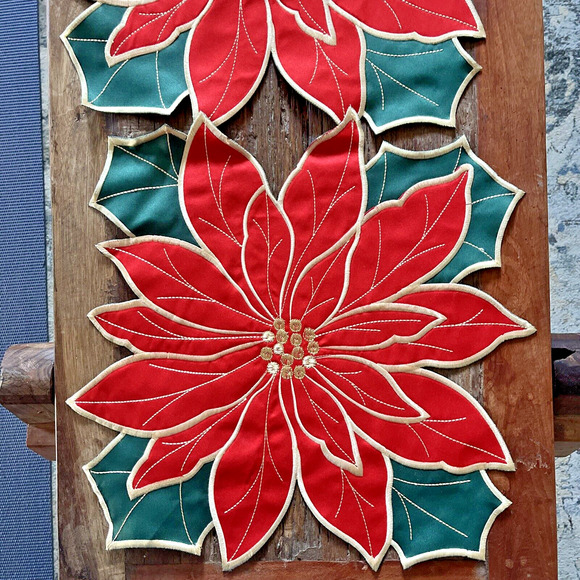 Christmas Holiday Table Runner Embroidered Poinsettia Red Green Holly Leaf - Picture 3 of 6